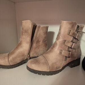 Women's Taupe Combat Boots with Buckle Detail